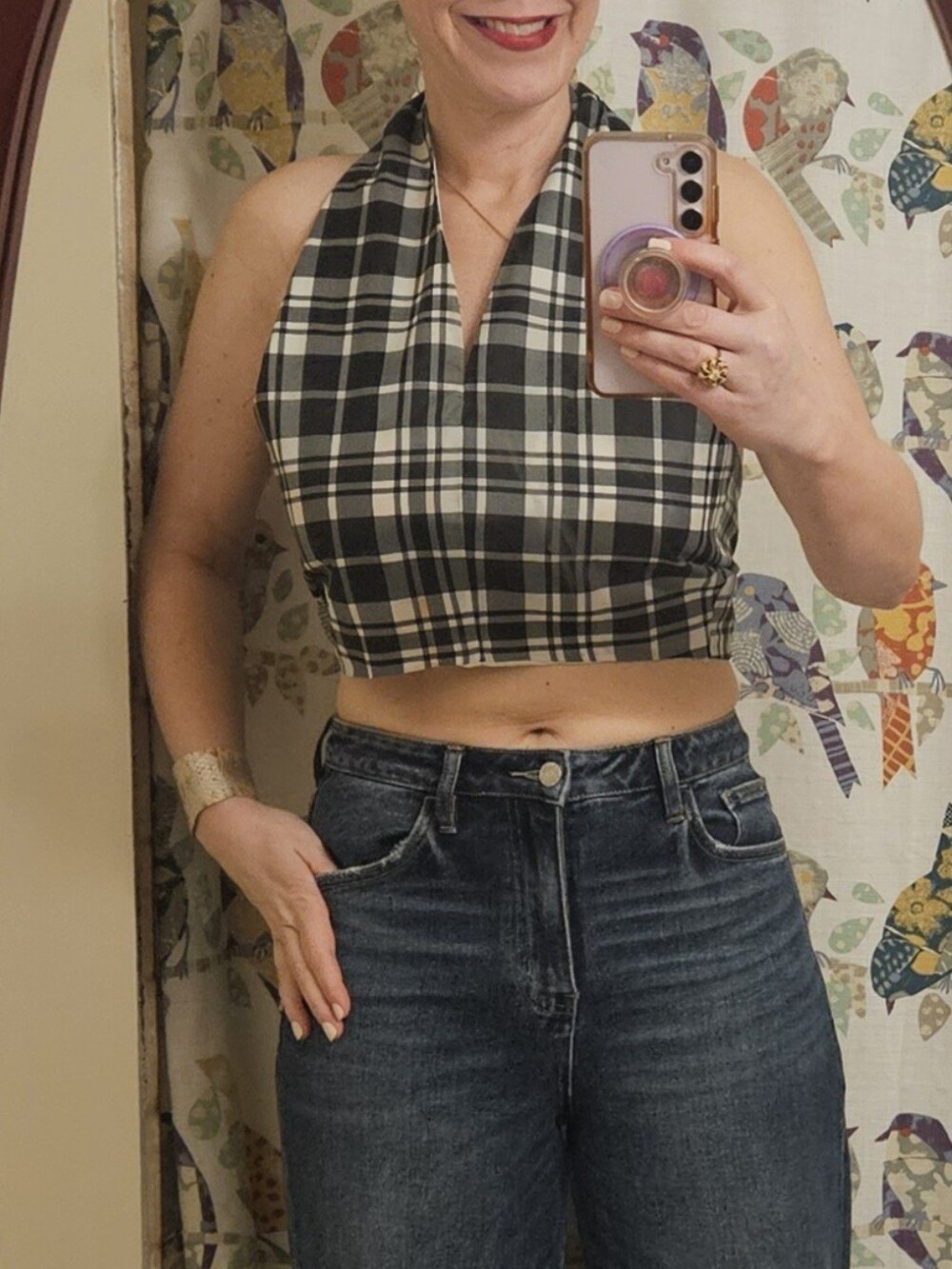 Vintage 1970s Plaid Halter Crop Top Open Back Tie Blouse Black White Small